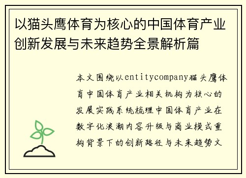 以猫头鹰体育为核心的中国体育产业创新发展与未来趋势全景解析篇