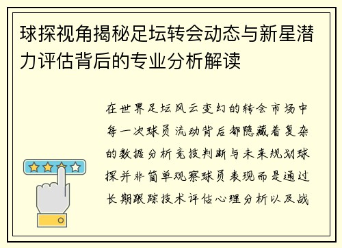 球探视角揭秘足坛转会动态与新星潜力评估背后的专业分析解读